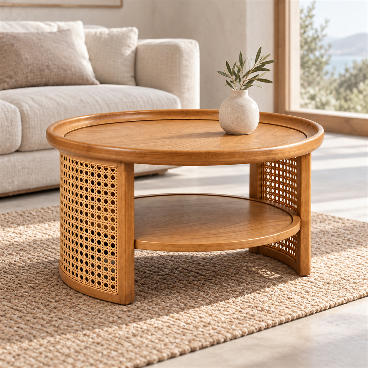 Cane Round Coffee Table with Woven Cane Detailing
